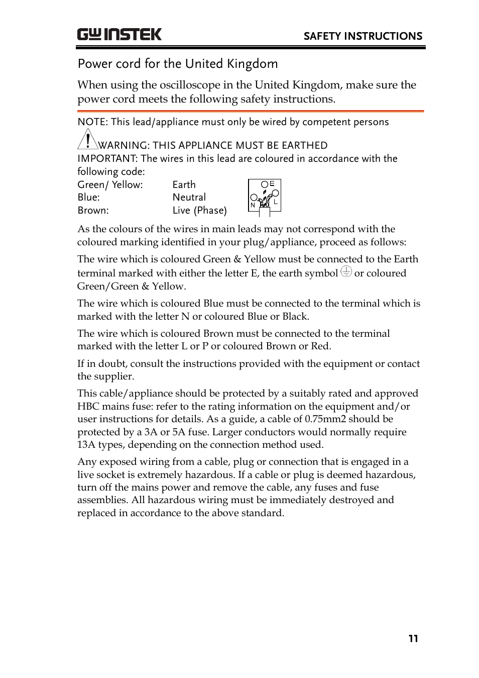 Power cord for the united kingdom | GW Instek GDS-1000A Series User Manual User Manual | Page 11 / 135