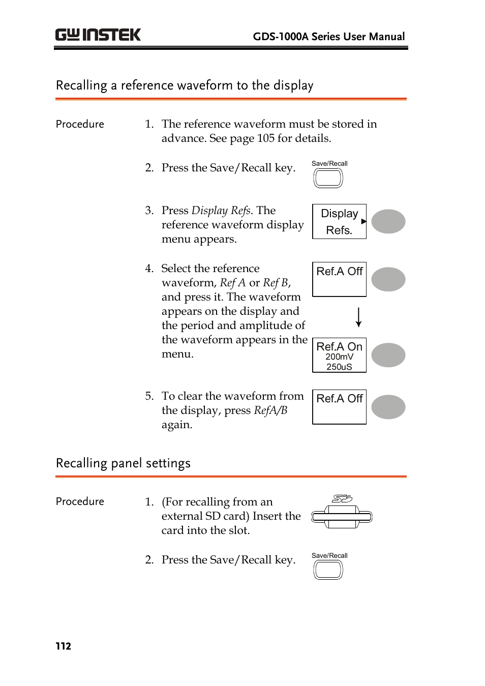 Recalling a reference waveform to the display, Recalling panel settings | GW Instek GDS-1000A Series User Manual User Manual | Page 112 / 135