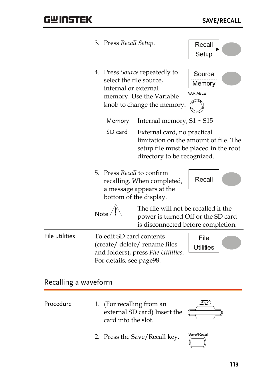 Recalling a waveform | GW Instek GDS-1000A Series User Manual User Manual | Page 113 / 135