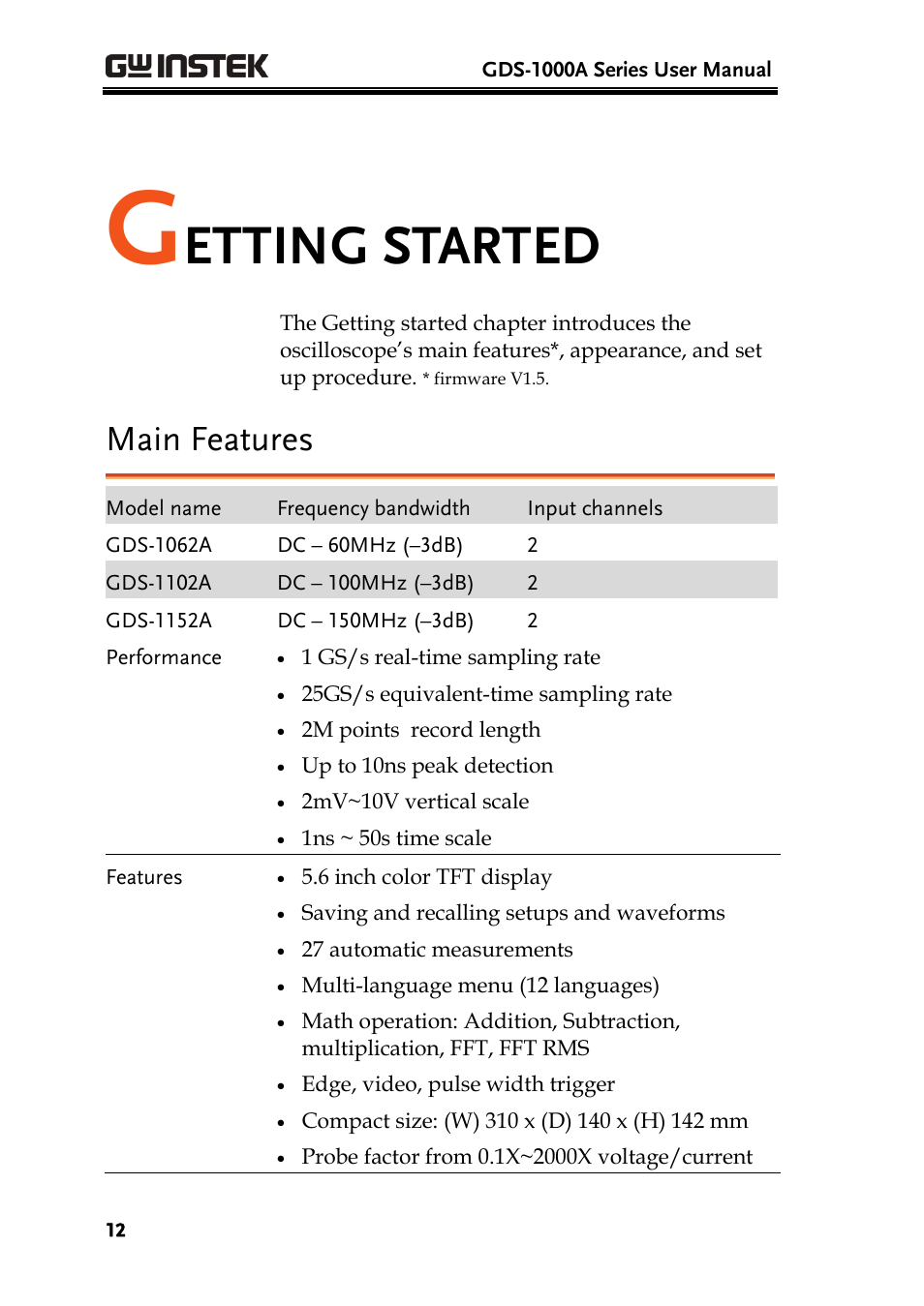 Etting started, Main features | GW Instek GDS-1000A Series User Manual User Manual | Page 12 / 135