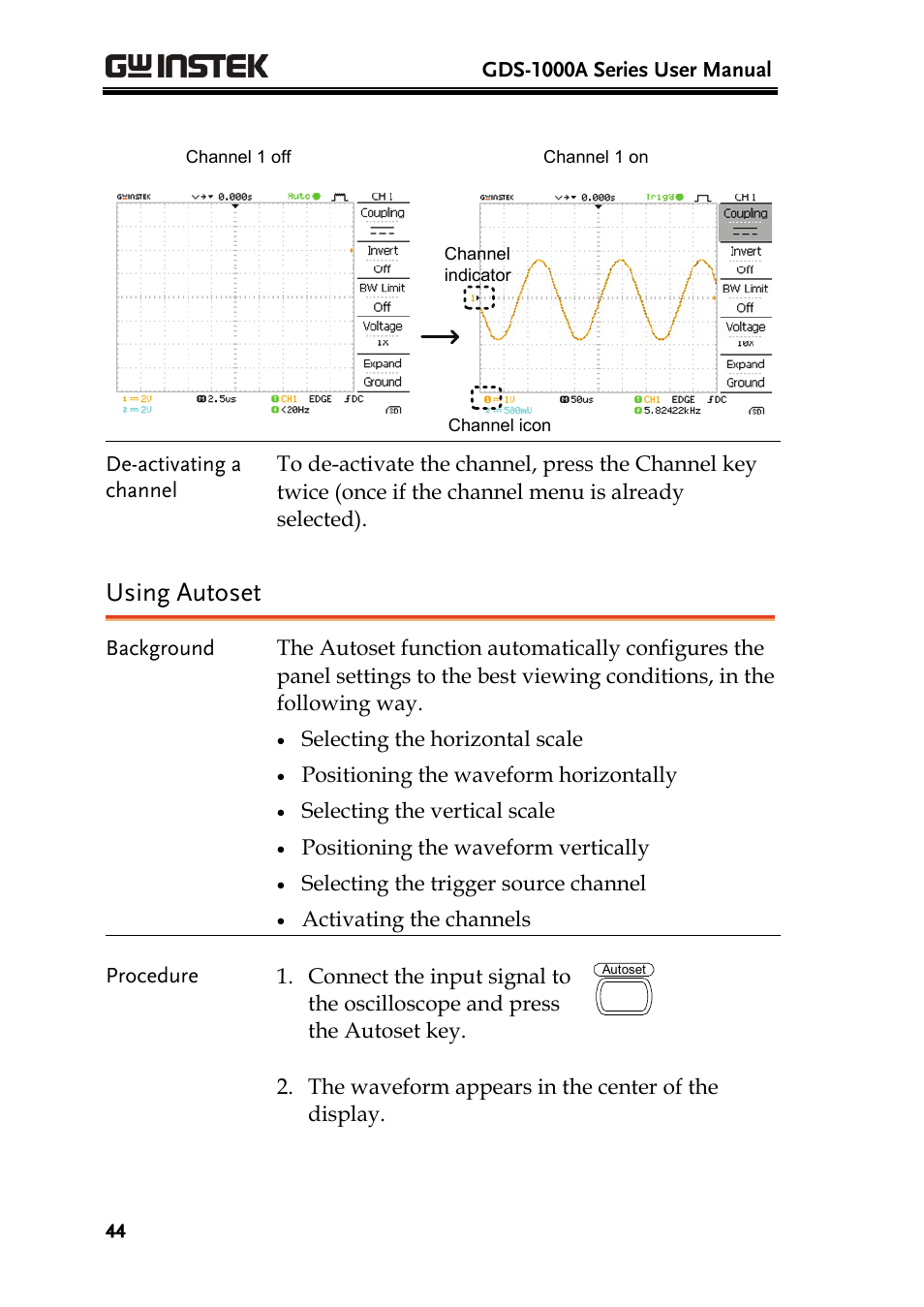 Using autoset | GW Instek GDS-1000A Series User Manual User Manual | Page 44 / 135