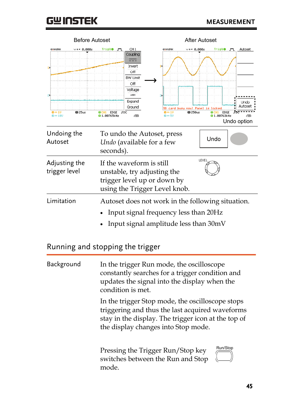 Running and stopping the trigger | GW Instek GDS-1000A Series User Manual User Manual | Page 45 / 135