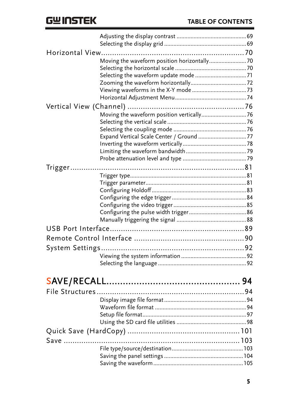 Save/recall | GW Instek GDS-1000A Series User Manual User Manual | Page 5 / 135
