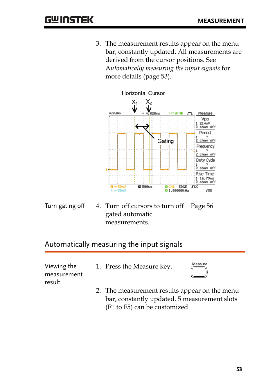 Automatically measuring the input signals | GW Instek GDS-1000A Series User Manual User Manual | Page 53 / 135