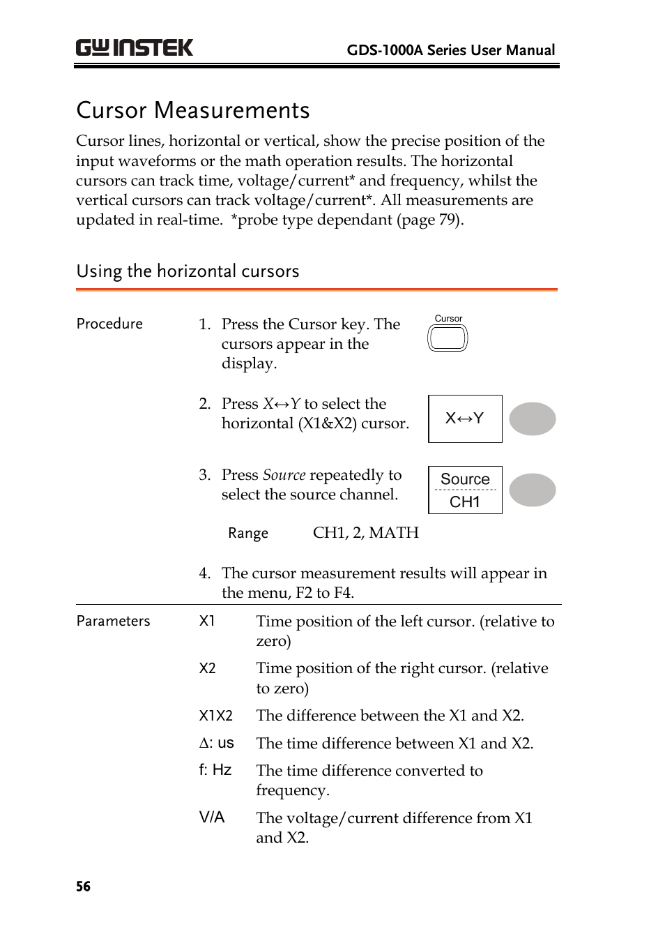 Cursor measurements, Using the horizontal cursors | GW Instek GDS-1000A Series User Manual User Manual | Page 56 / 135