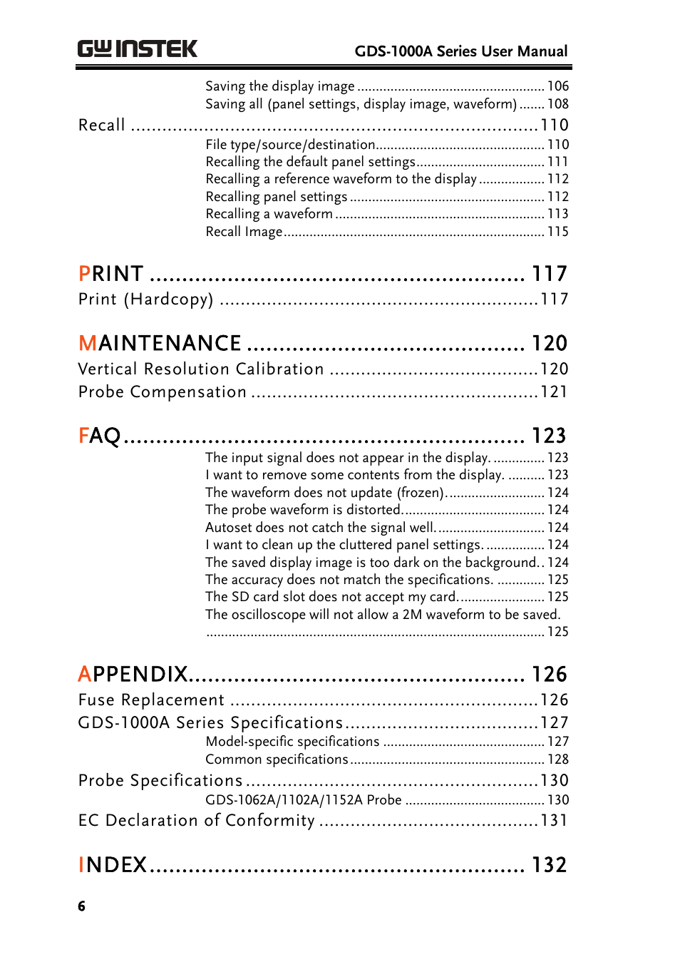 Print, Maintenance, Appendix | Index | GW Instek GDS-1000A Series User Manual User Manual | Page 6 / 135