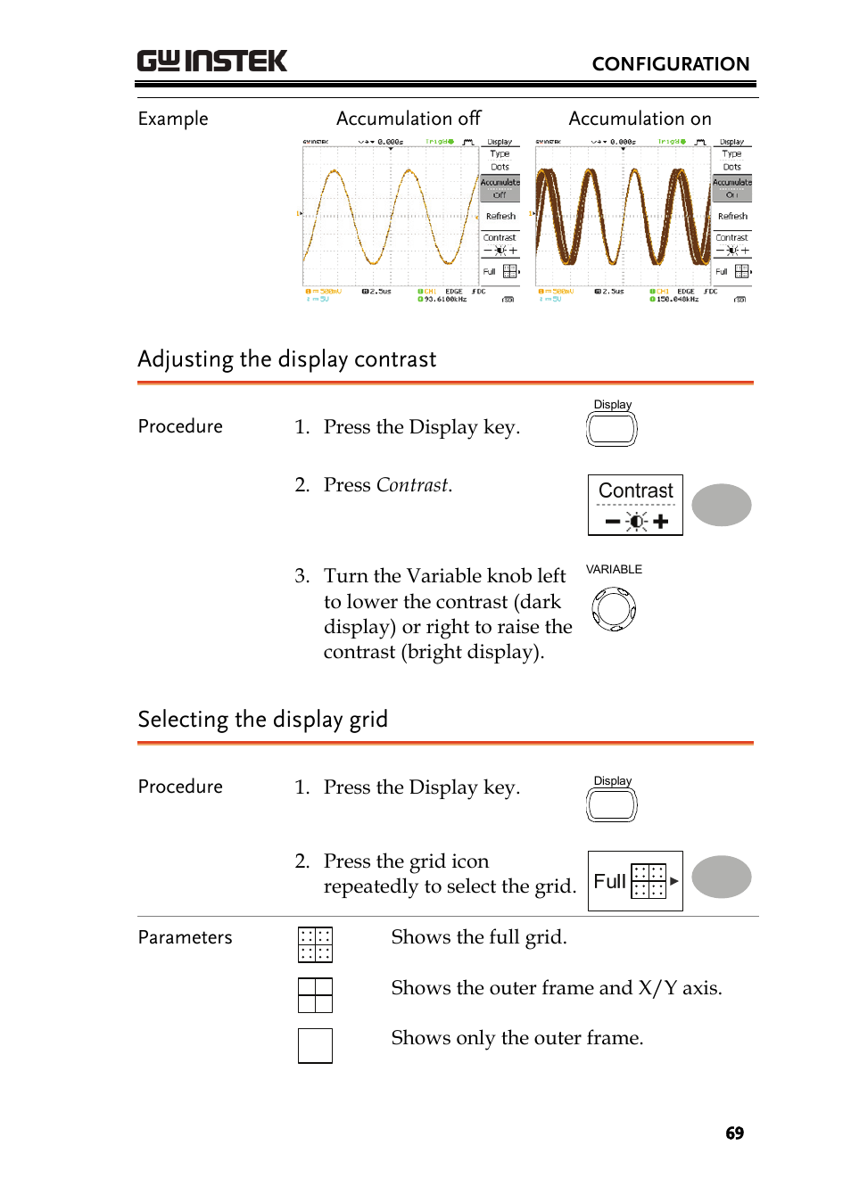 Adjusting the display contrast, Selecting the display grid | GW Instek GDS-1000A Series User Manual User Manual | Page 69 / 135