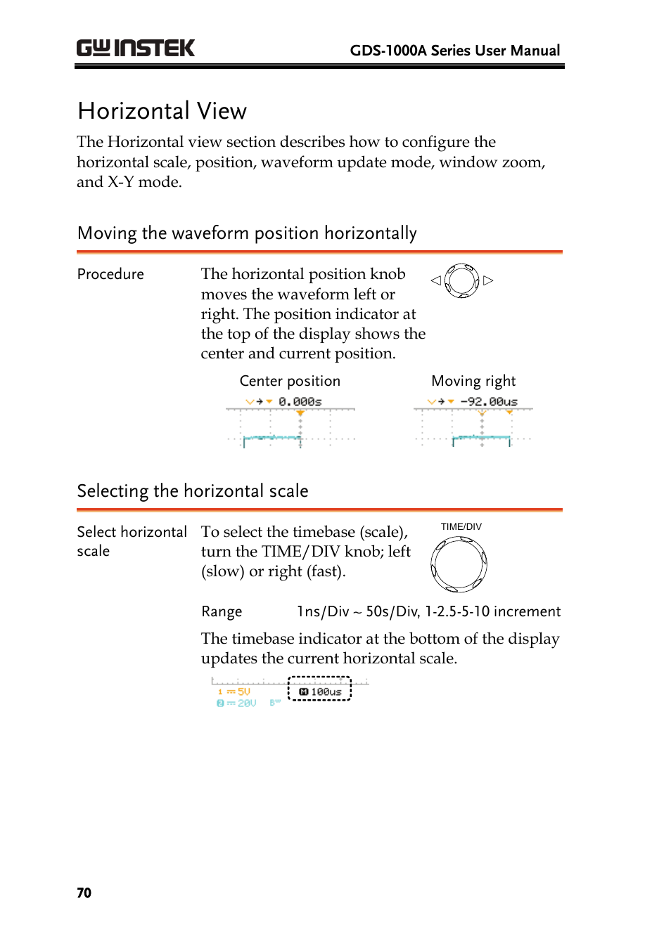 Horizontal view, Moving the waveform position horizontally, Selecting the horizontal scale | GW Instek GDS-1000A Series User Manual User Manual | Page 70 / 135