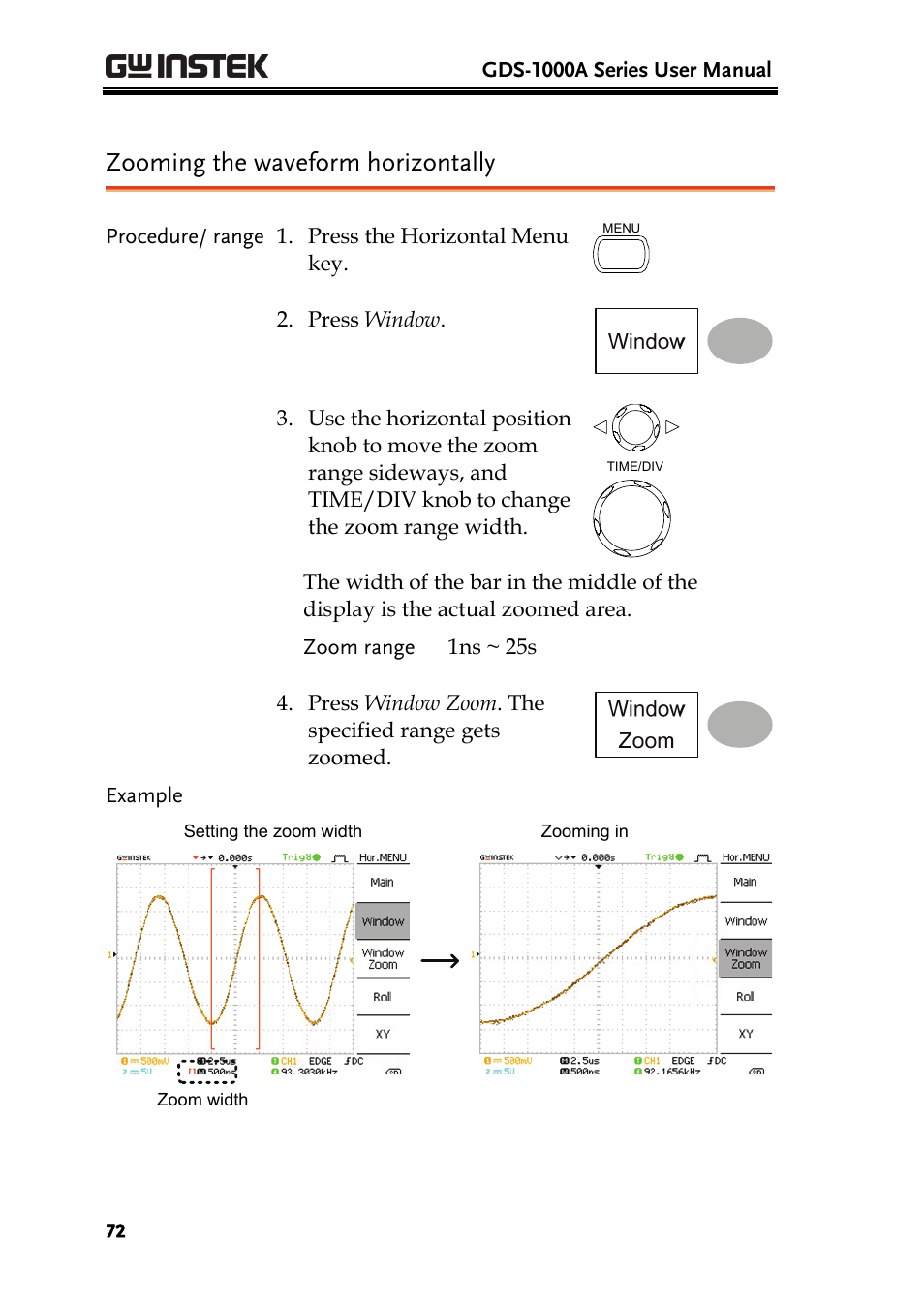 Zooming the waveform horizontally | GW Instek GDS-1000A Series User Manual User Manual | Page 72 / 135