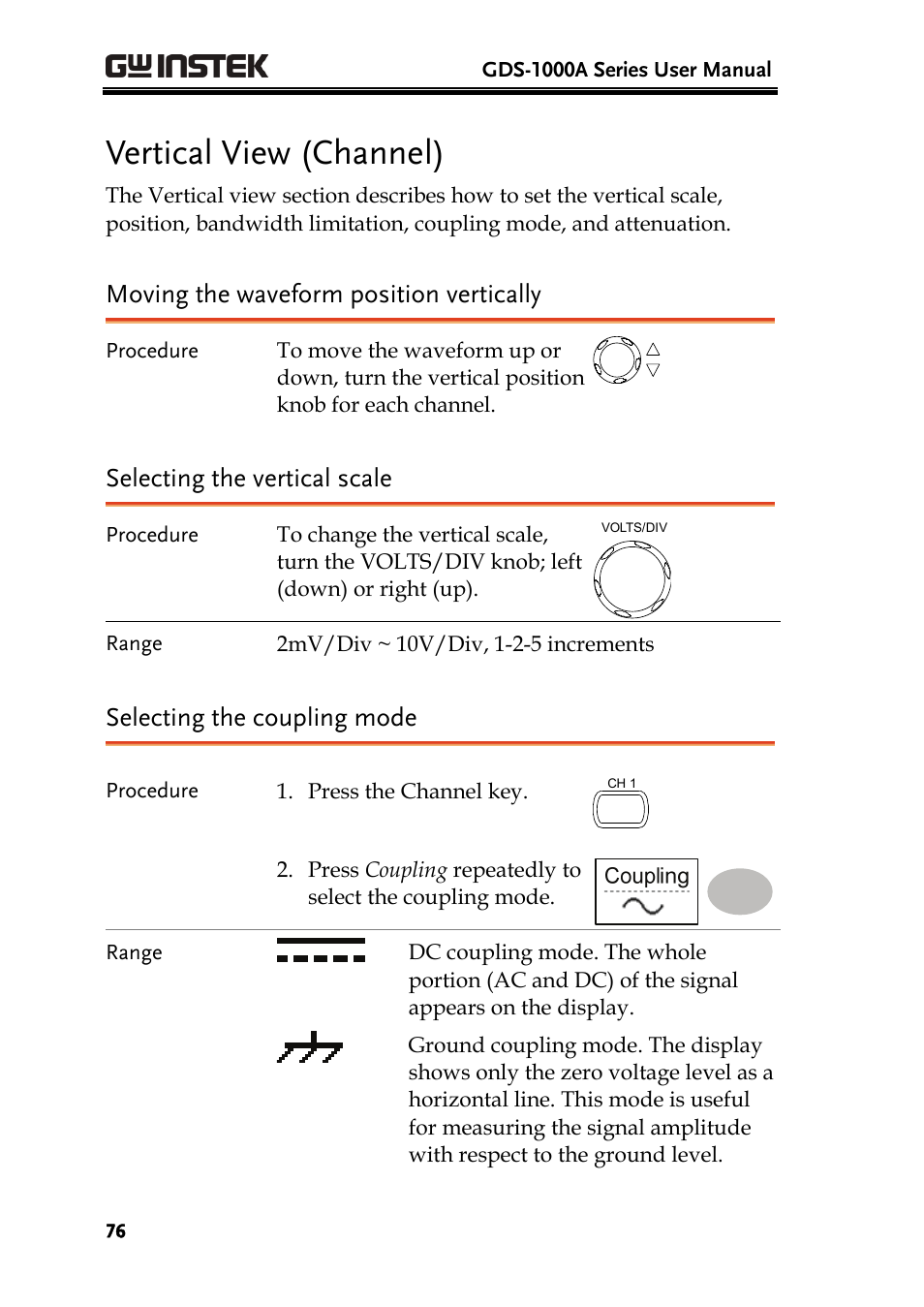 Vertical view (channel), Moving the waveform position vertically, Selecting the vertical scale | Selecting the coupling mode | GW Instek GDS-1000A Series User Manual User Manual | Page 76 / 135