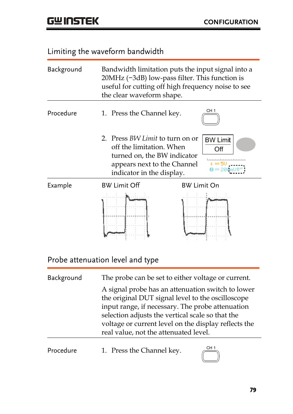 Limiting the waveform bandwidth, Probe attenuation level and type | GW Instek GDS-1000A Series User Manual User Manual | Page 79 / 135