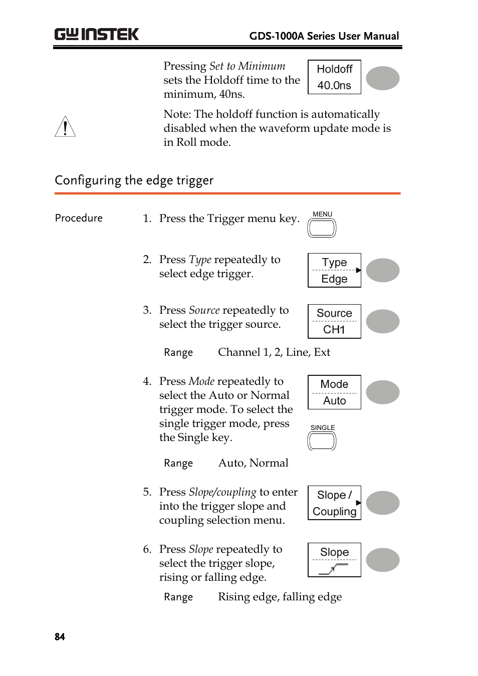 Configuring the edge trigger | GW Instek GDS-1000A Series User Manual User Manual | Page 84 / 135