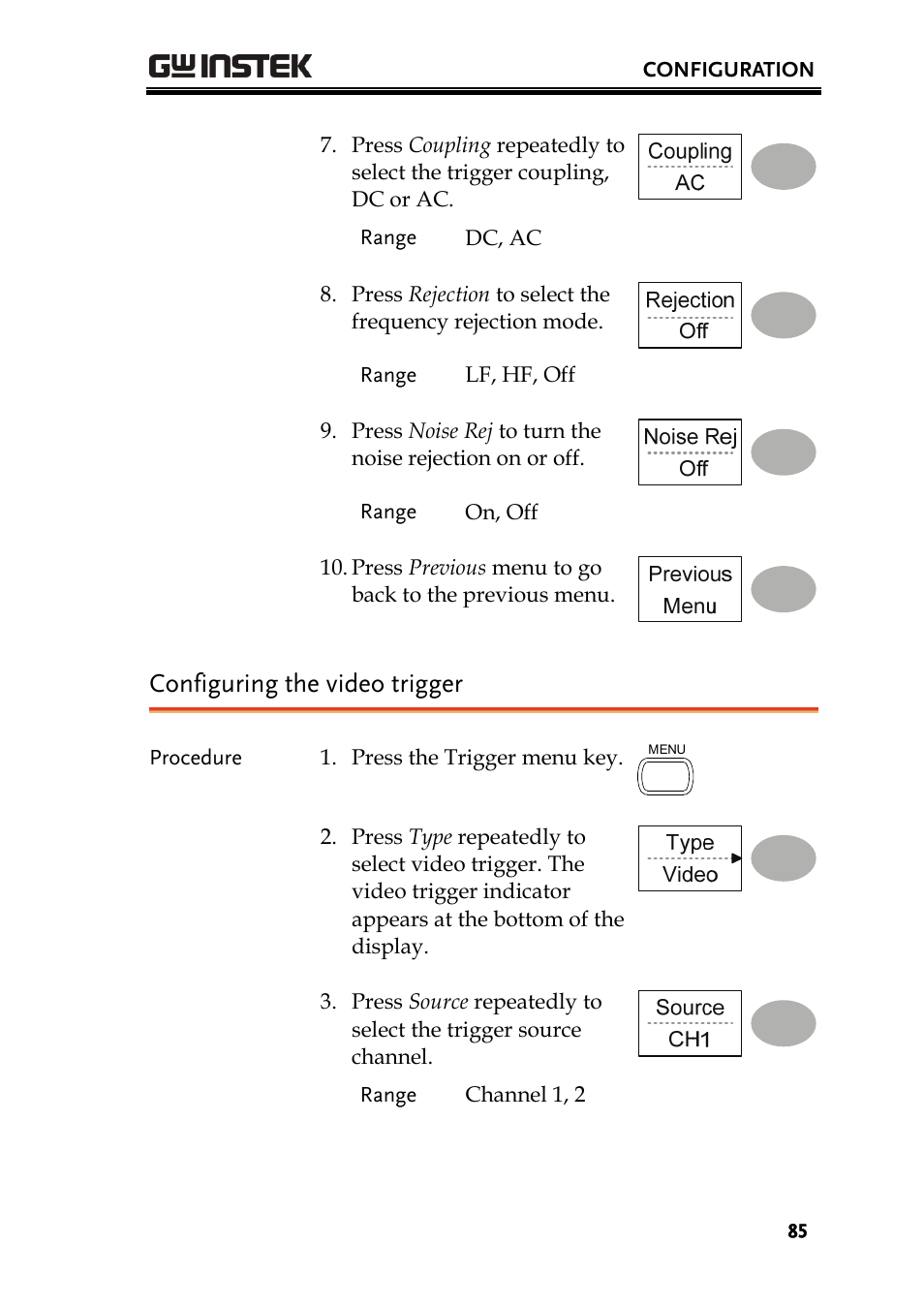 Configuring the video trigger | GW Instek GDS-1000A Series User Manual User Manual | Page 85 / 135