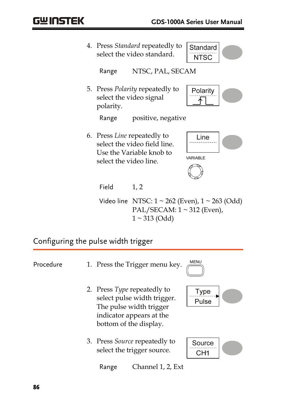 Configuring the pulse width trigger | GW Instek GDS-1000A Series User Manual User Manual | Page 86 / 135