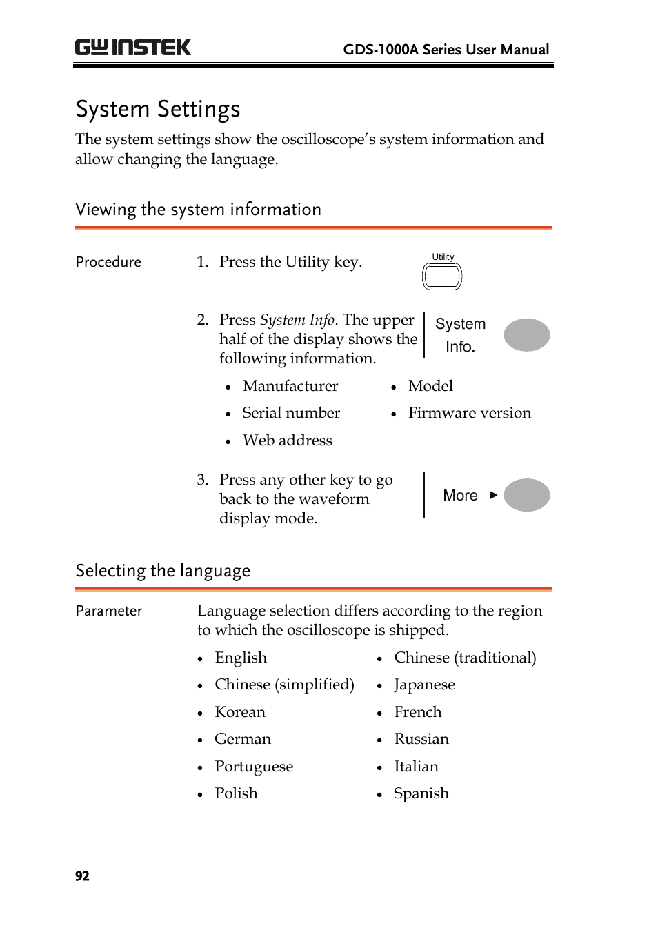 System settings, Viewing the system information, Selecting the language | GW Instek GDS-1000A Series User Manual User Manual | Page 92 / 135