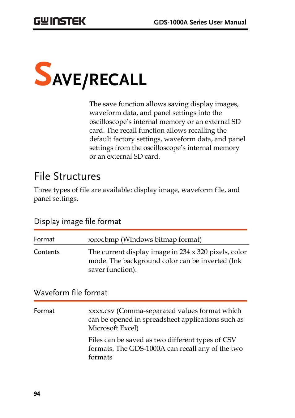 Ave/recall, File structures | GW Instek GDS-1000A Series User Manual User Manual | Page 94 / 135