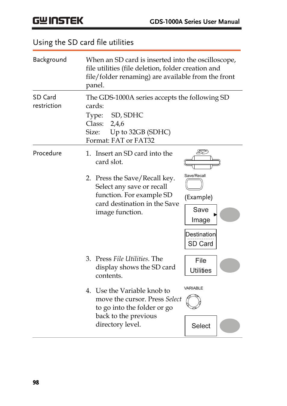 Using the sd card file utilities | GW Instek GDS-1000A Series User Manual User Manual | Page 98 / 135