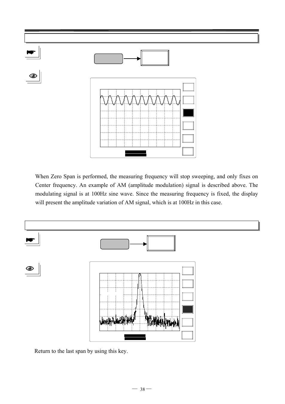 Zero span, Span, Last span | 7ghz spectrum analyzer operation manual ⎯ ⎯ 38 | GW Instek GSP-827 User Manual User Manual | Page 39 / 97