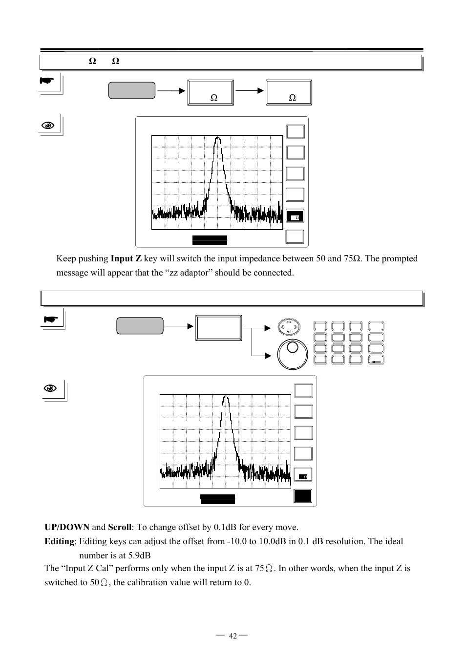 Amplitude input z cal, Input z 75ω, 7ghz spectrum analyzer operation manual ⎯ ⎯ 42 | GW Instek GSP-827 User Manual User Manual | Page 43 / 97