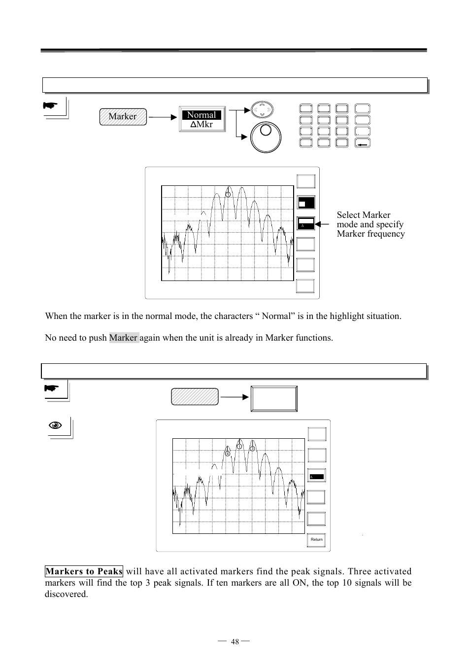 Marker normal ∆ mkr, Marker markers to peaks, Select marker mode and specify marker frequency | 7ghz spectrum analyzer operation manual ⎯ ⎯ 48 | GW Instek GSP-827 User Manual User Manual | Page 49 / 97