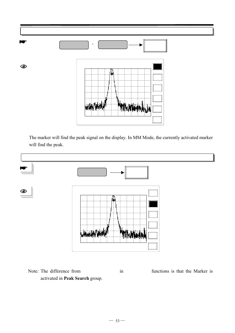 Peak search to peak peak search, Peak search mkr-> center, 7ghz spectrum analyzer operation manual ⎯ ⎯ 53 | GW Instek GSP-827 User Manual User Manual | Page 54 / 97