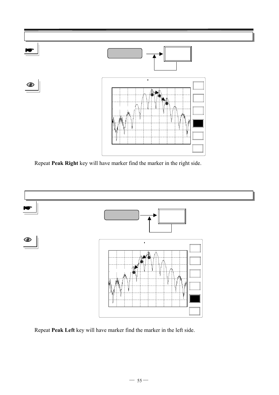 Peak search peak left, Peak search peak right, 7ghz spectrum analyzer operation manual ⎯ ⎯ 55 | GW Instek GSP-827 User Manual User Manual | Page 56 / 97