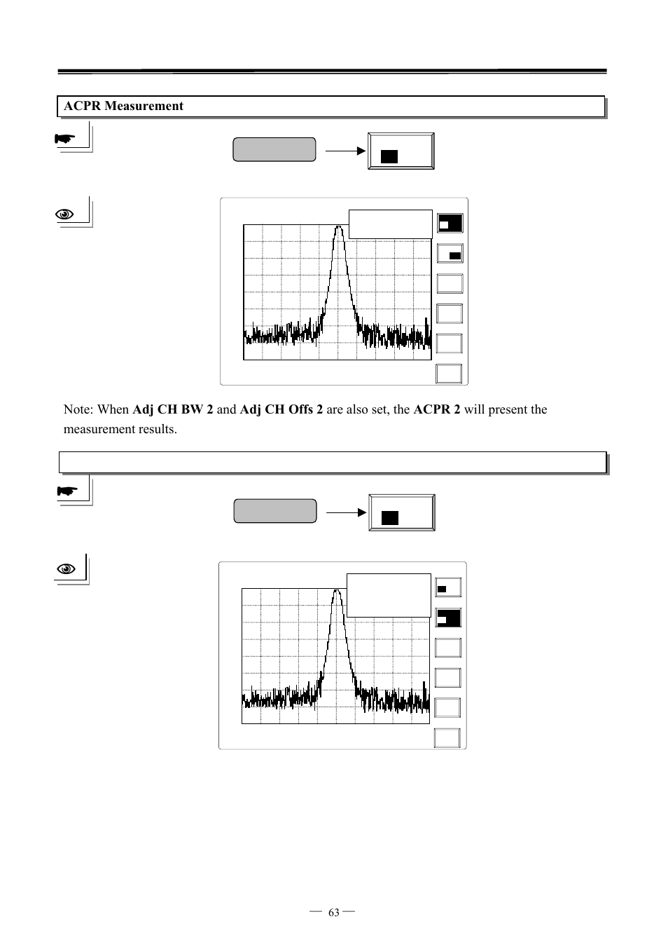 Pwr measure acpr on off, Pwr measure ocbw on off, 7ghz spectrum analyzer operation manual ⎯ ⎯ 63 | GW Instek GSP-827 User Manual User Manual | Page 64 / 97