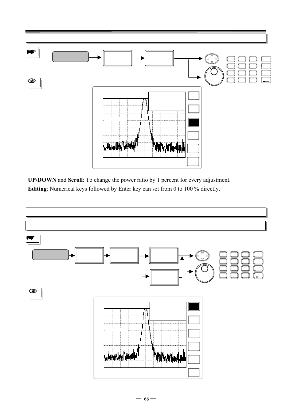 Ocbw % setup, Pwr measure, Adj ch bw 1 setup | Adj ch offset adj ch bw 2, 7ghz spectrum analyzer operation manual ⎯ ⎯ 66 | GW Instek GSP-827 User Manual User Manual | Page 67 / 97