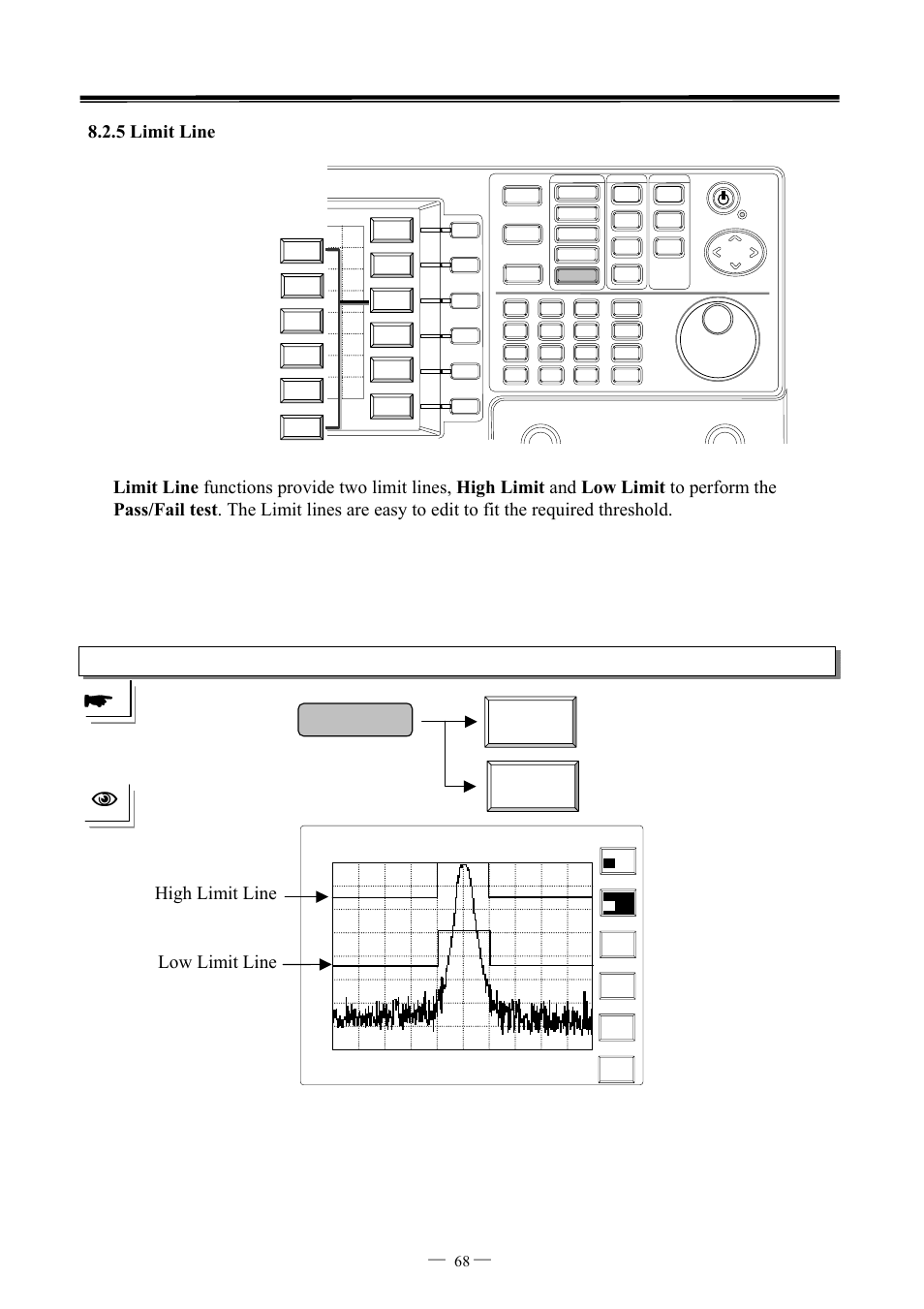 Limit line hlimit on off, Llimit on off high limit line low limit line, 7ghz spectrum analyzer operation manual ⎯ ⎯ 68 | GW Instek GSP-827 User Manual User Manual | Page 69 / 97
