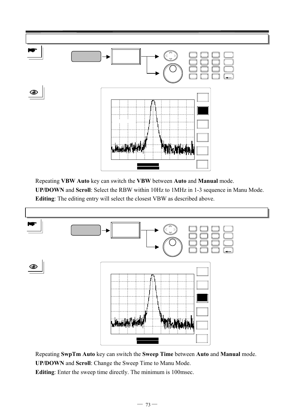 Vbw auto, Swptm auto, 7ghz spectrum analyzer operation manual ⎯ ⎯ 73 | GW Instek GSP-827 User Manual User Manual | Page 74 / 97