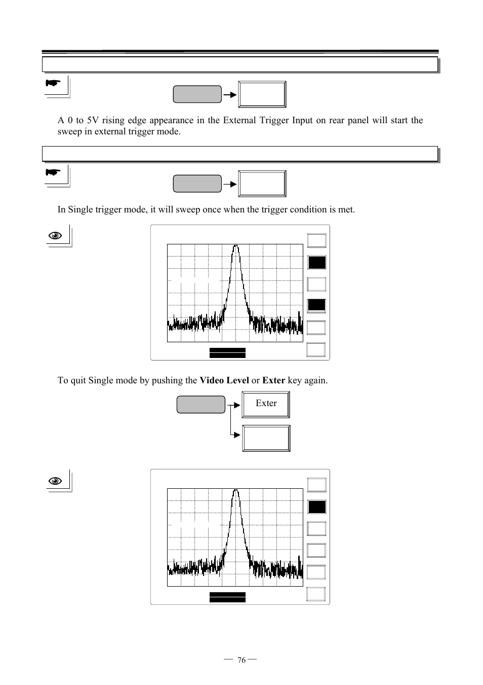 Trigger exter, Trigger singl, Trigger exter singl | 7ghz spectrum analyzer operation manual ⎯ ⎯ 76 | GW Instek GSP-827 User Manual User Manual | Page 77 / 97