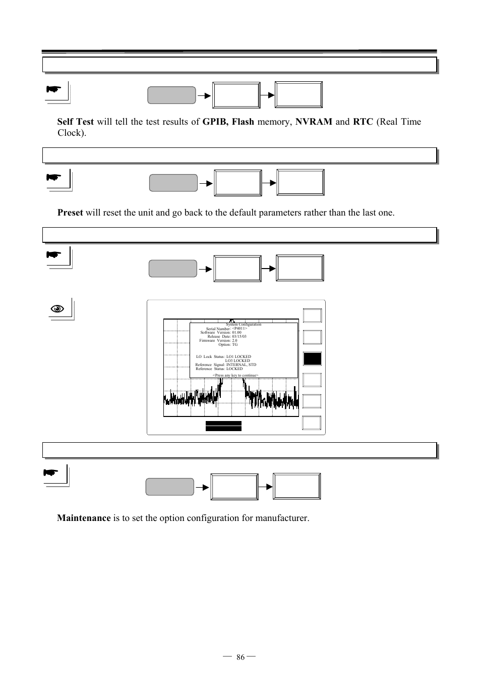Self test, System more system preset, System more system config | System more mainte- nance | GW Instek GSP-827 User Manual User Manual | Page 87 / 97