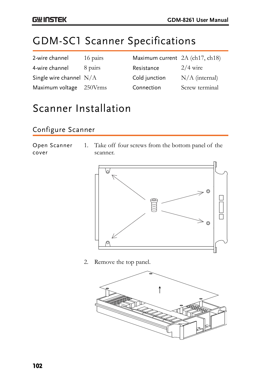 Gdm-sc1 scanner specifications, Scanner installation, Configure scanner | GW Instek GDM-8261 User Manual User Manual | Page 102 / 224