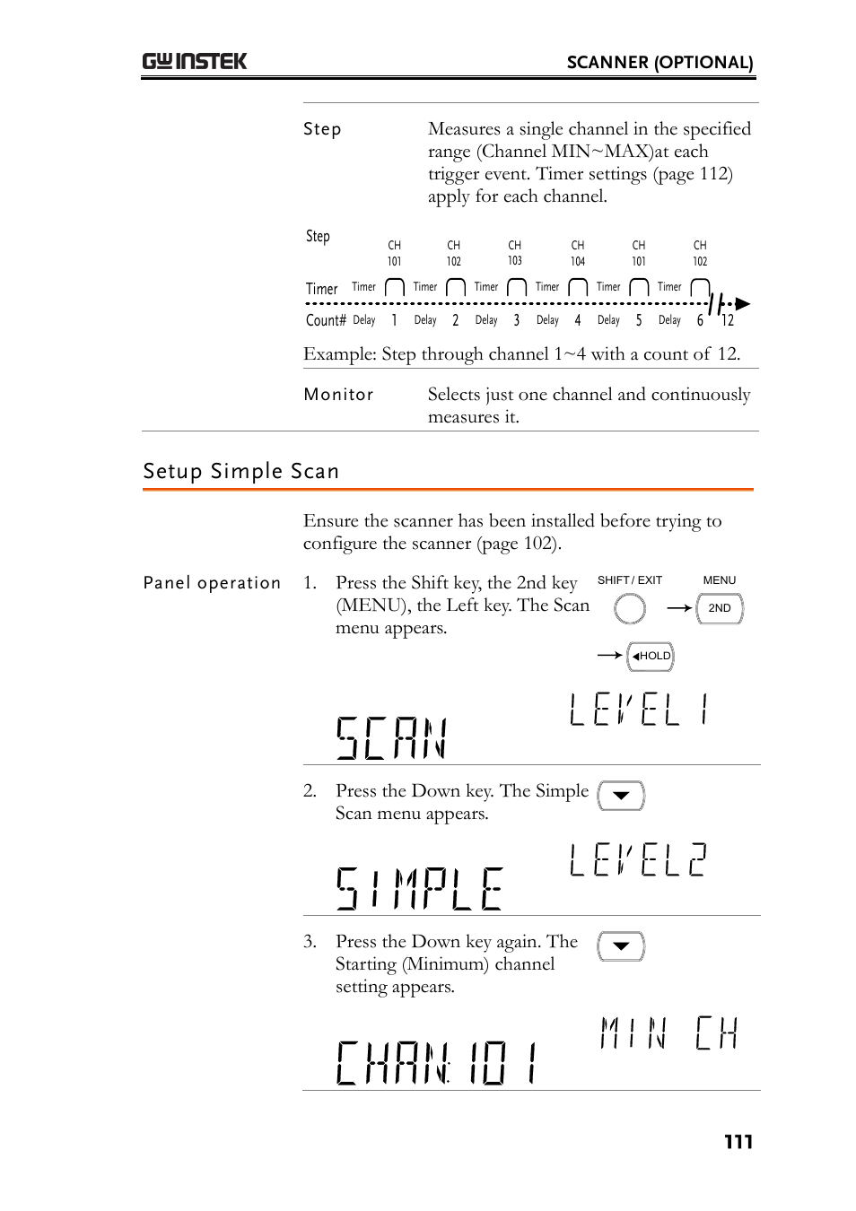 Setup simple scan, Press the down key. the simple scan menu appears | GW Instek GDM-8261 User Manual User Manual | Page 111 / 224