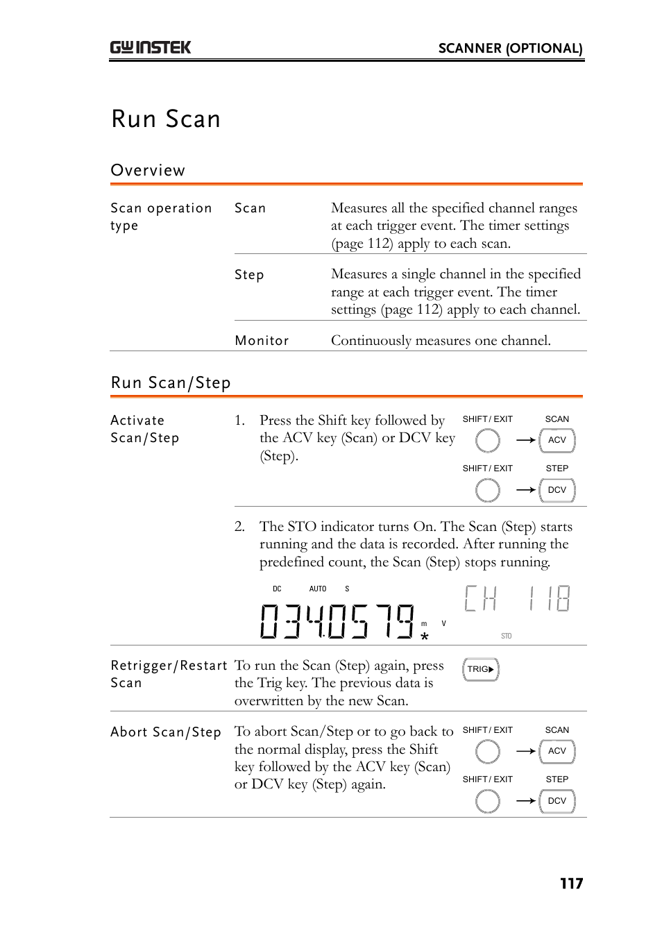 Run scan, Overview, Run scan/step | Continuously measures one channel | GW Instek GDM-8261 User Manual User Manual | Page 117 / 224