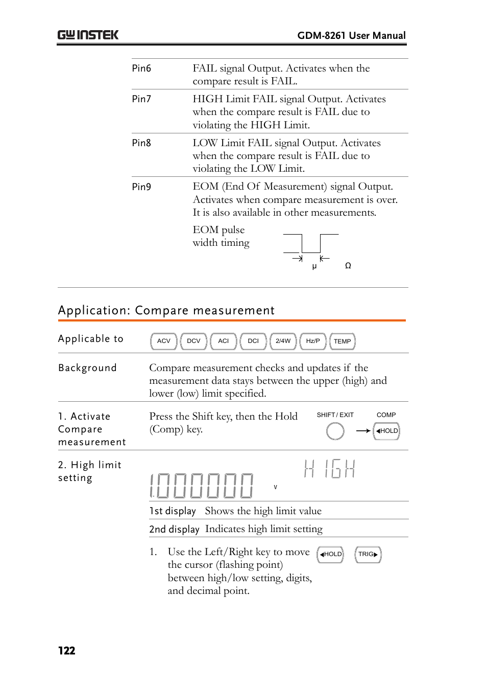 Application: compare measurement, Eom pulse width timing, Press the shift key, then the hold (comp) key | Shows the high limit value, Indicates high limit setting | GW Instek GDM-8261 User Manual User Manual | Page 122 / 224