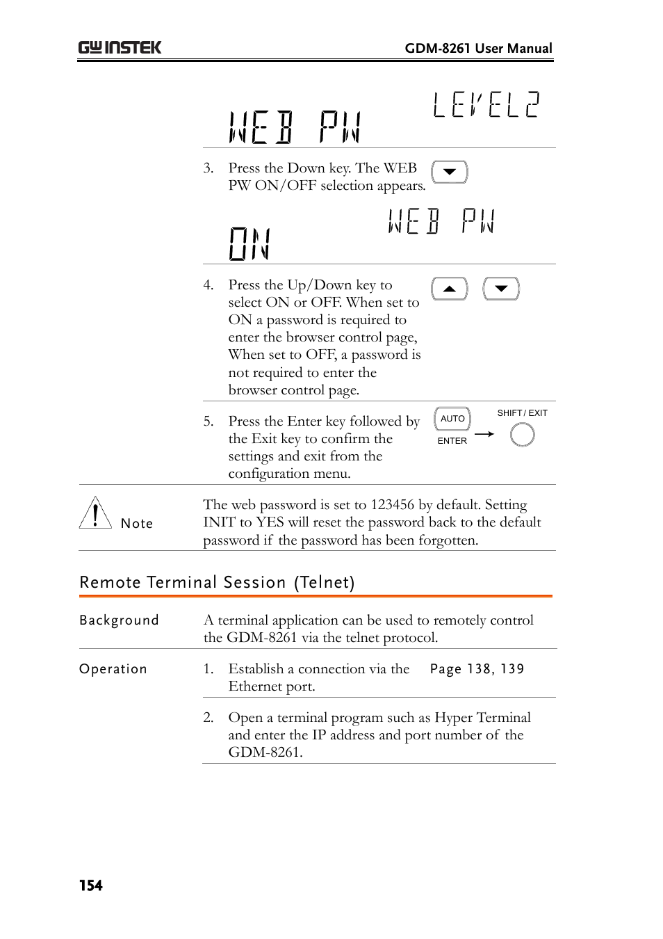 Remote terminal session (telnet) | GW Instek GDM-8261 User Manual User Manual | Page 154 / 224