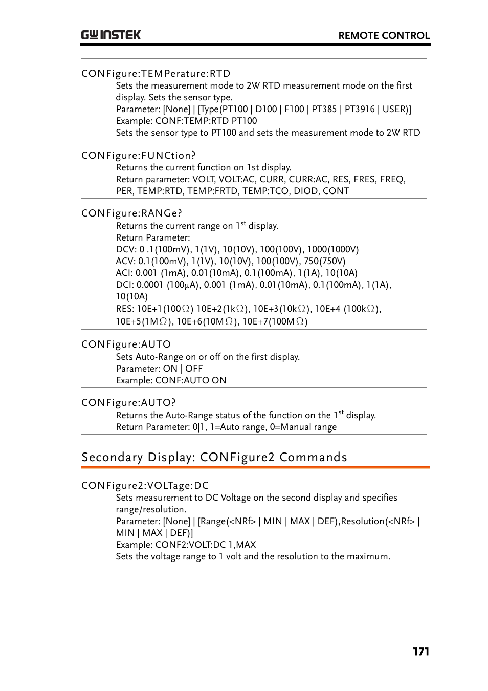 Secondary display: configure2 commands | GW Instek GDM-8261 User Manual User Manual | Page 171 / 224