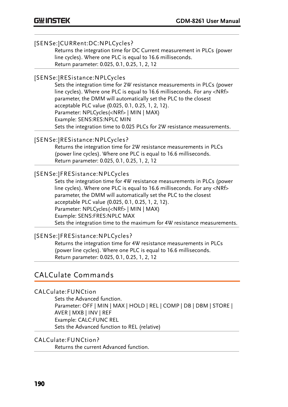 Calculate commands | GW Instek GDM-8261 User Manual User Manual | Page 190 / 224