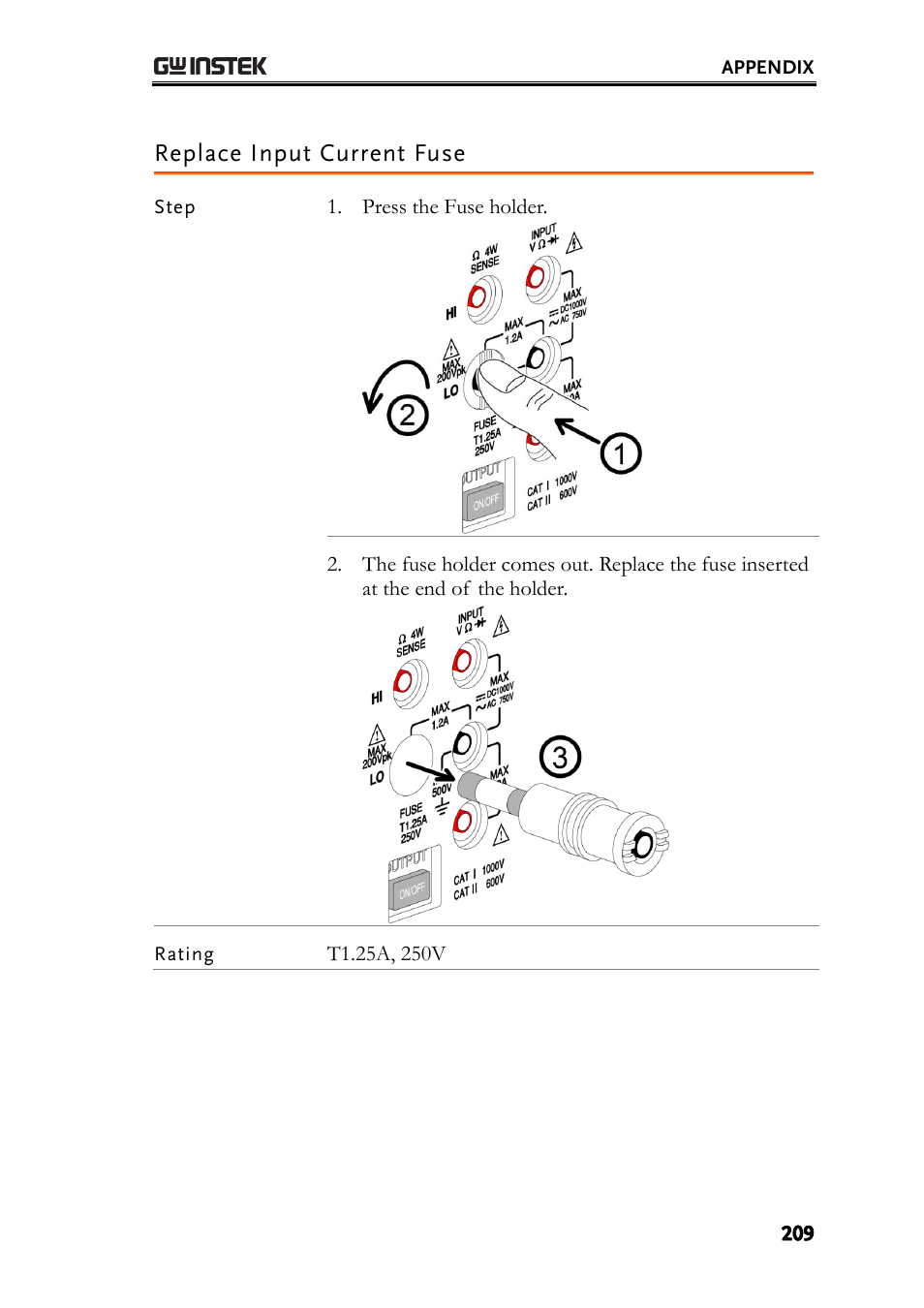Replace input current fuse | GW Instek GDM-8261 User Manual User Manual | Page 209 / 224