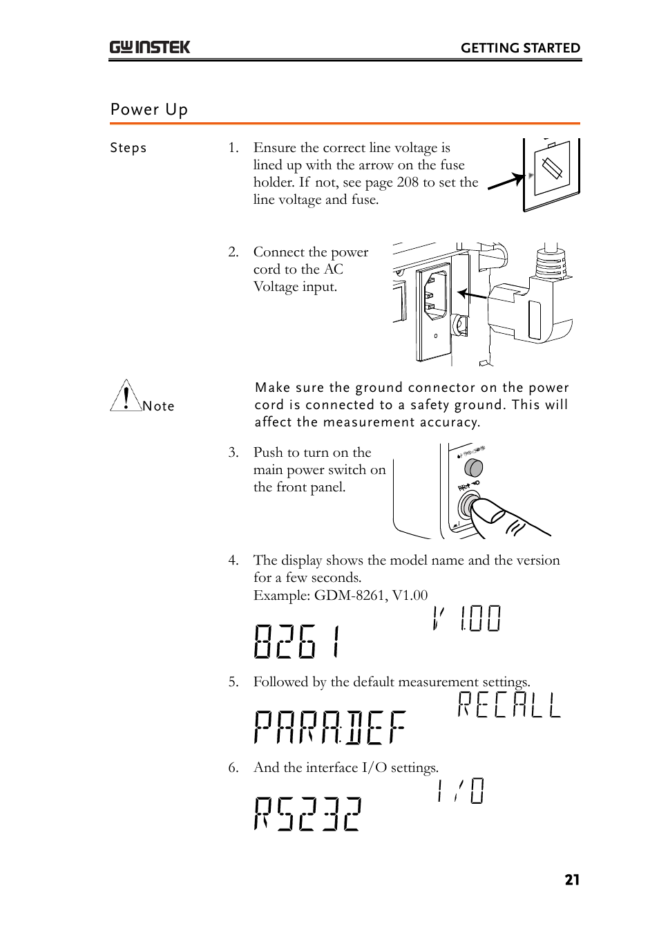 Power up, Connect the power cord to the ac voltage input, Followed by the default measurement settings | And the interface i/o settings, Getting started, Steps | GW Instek GDM-8261 User Manual User Manual | Page 21 / 224