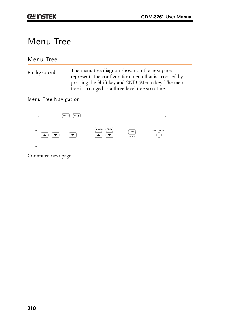 Menu tree, Continued next page, Gdm-8261 user manual | Background, Menu tree navigation | GW Instek GDM-8261 User Manual User Manual | Page 210 / 224