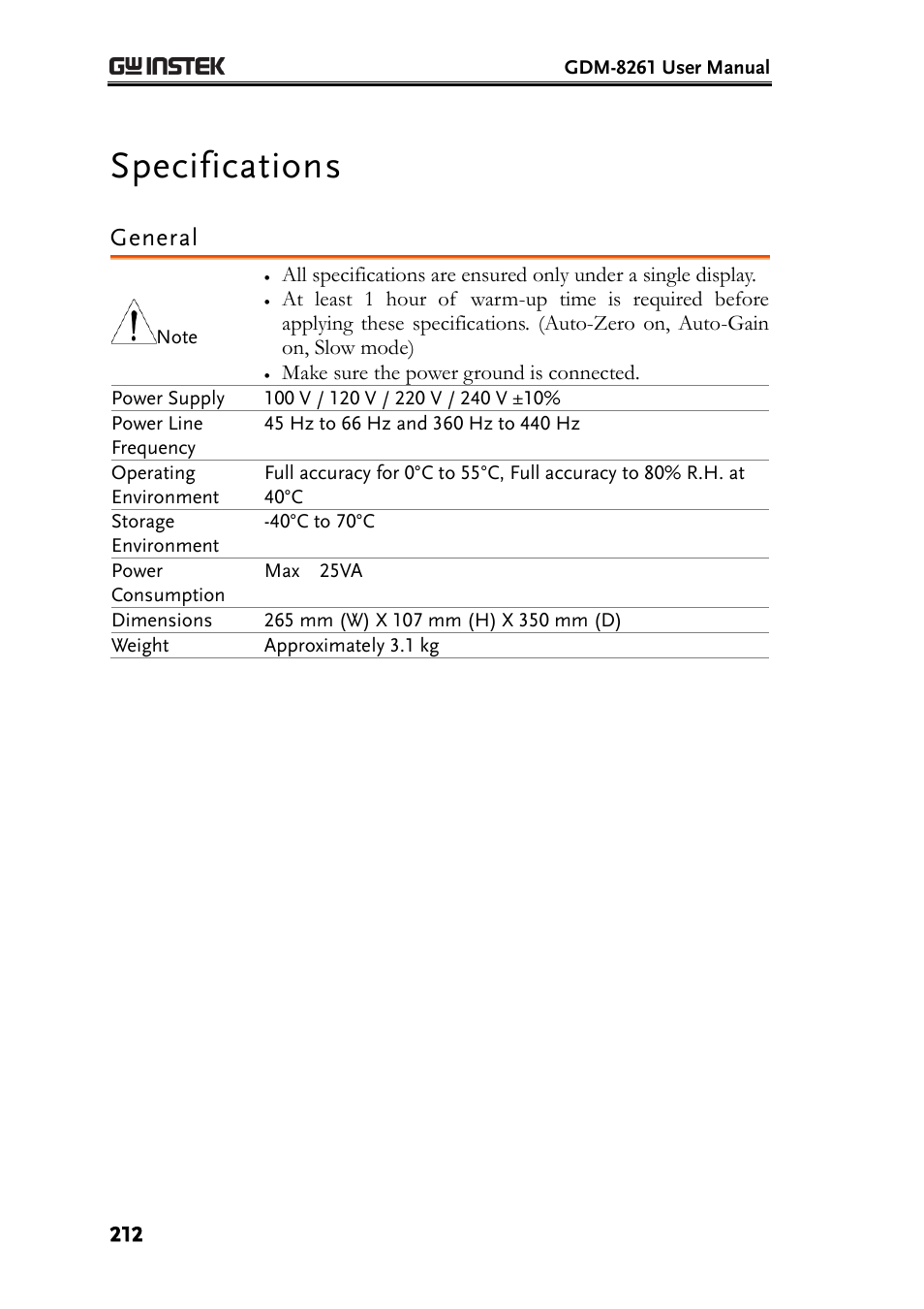 Specifications, General | GW Instek GDM-8261 User Manual User Manual | Page 212 / 224