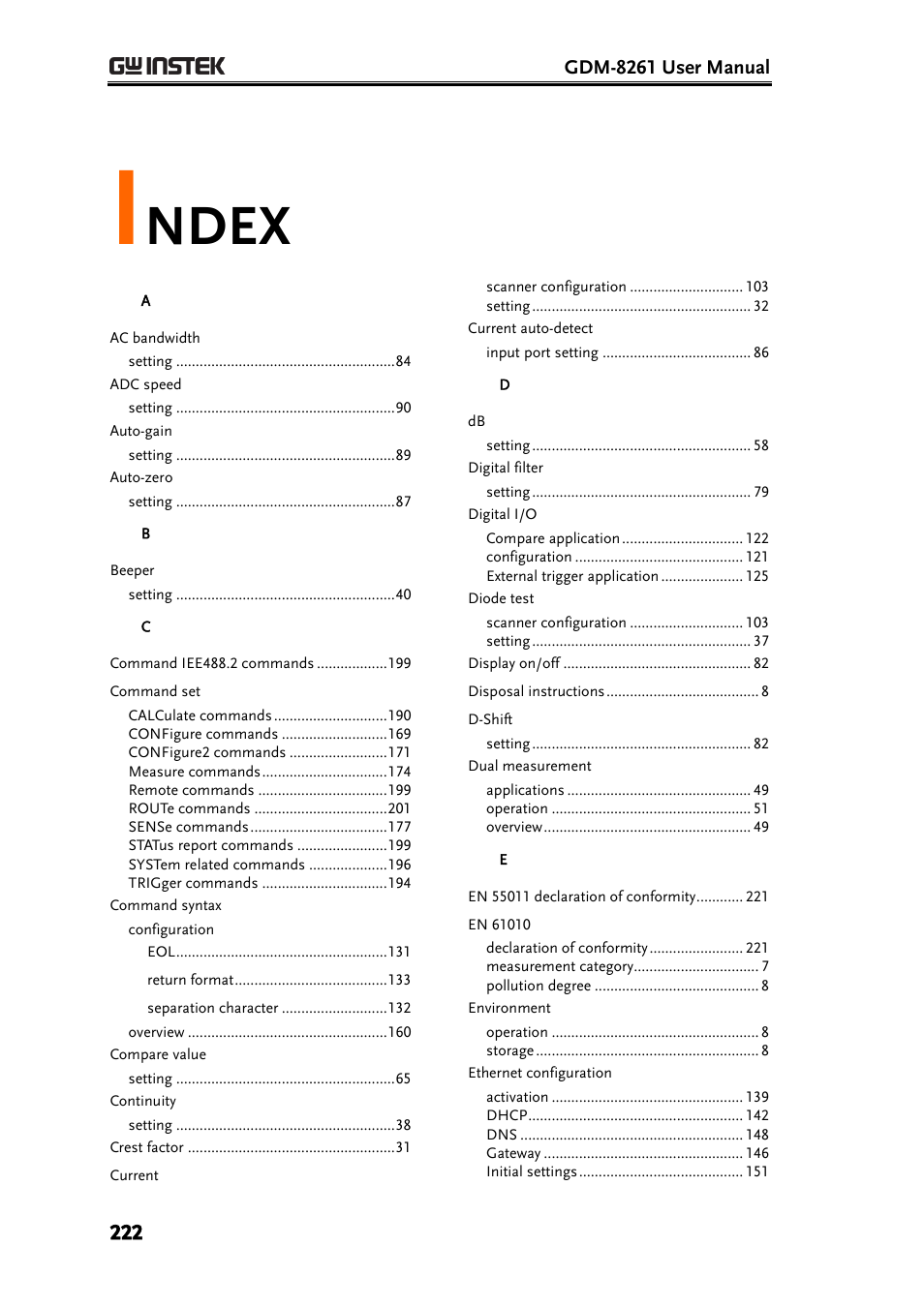 Index, Ndex | GW Instek GDM-8261 User Manual User Manual | Page 222 / 224