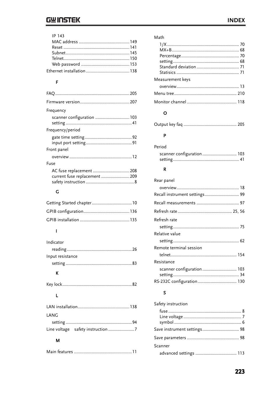 Index | GW Instek GDM-8261 User Manual User Manual | Page 223 / 224