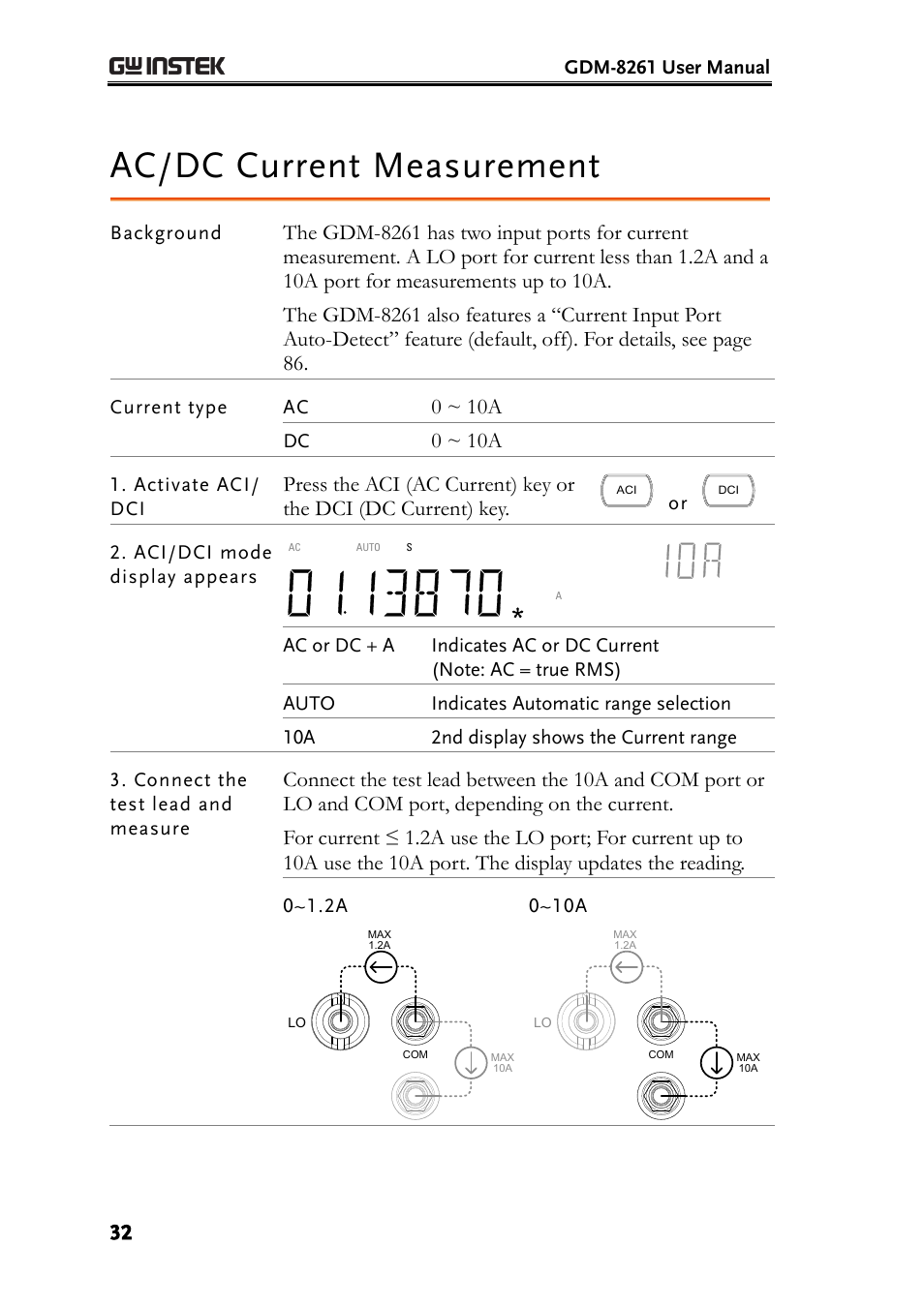 Ac/dc current measurement, E 32, 0 ~ 10a | GW Instek GDM-8261 User Manual User Manual | Page 32 / 224