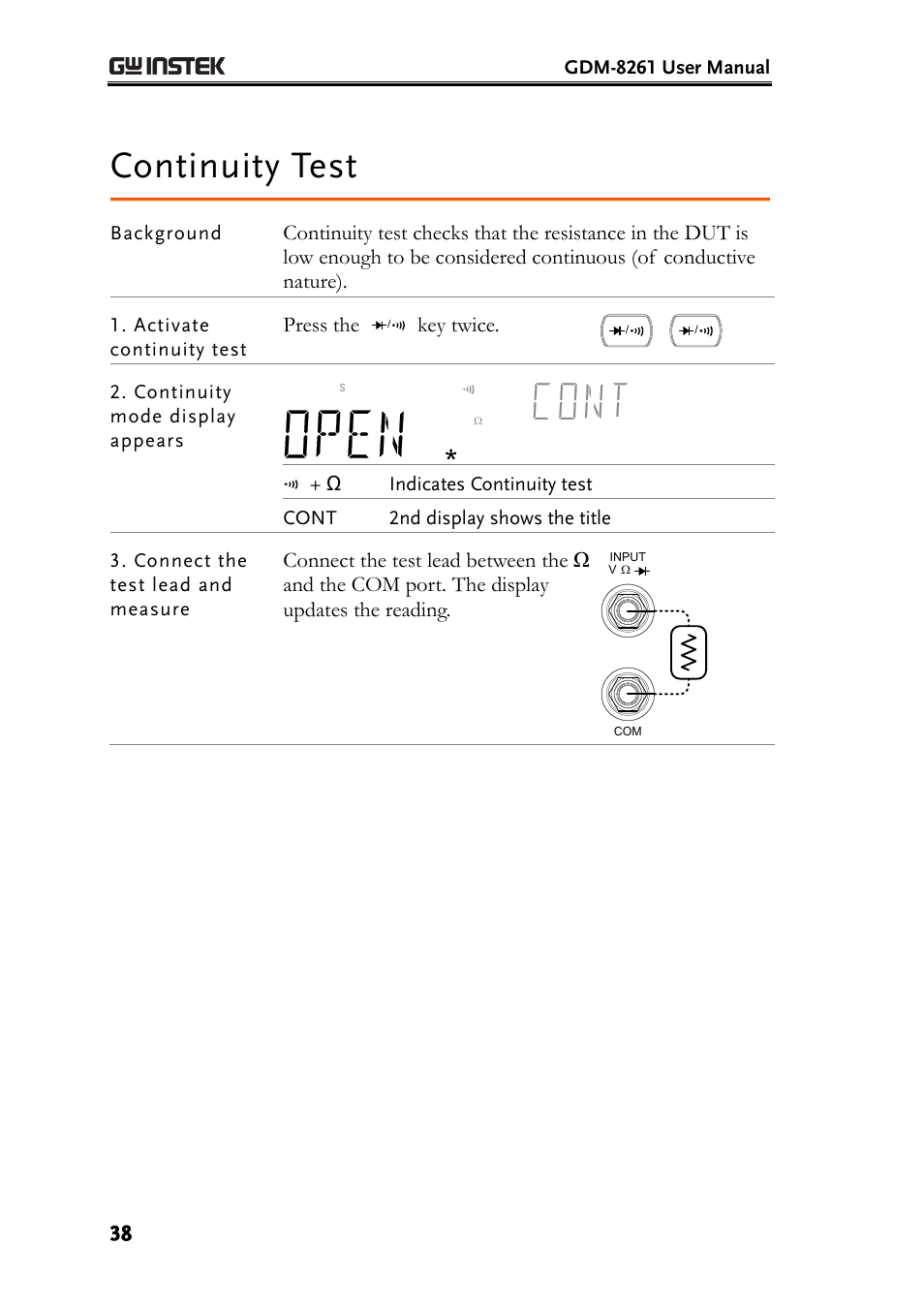 Continuity test, Press the, Key twice | GW Instek GDM-8261 User Manual User Manual | Page 38 / 224