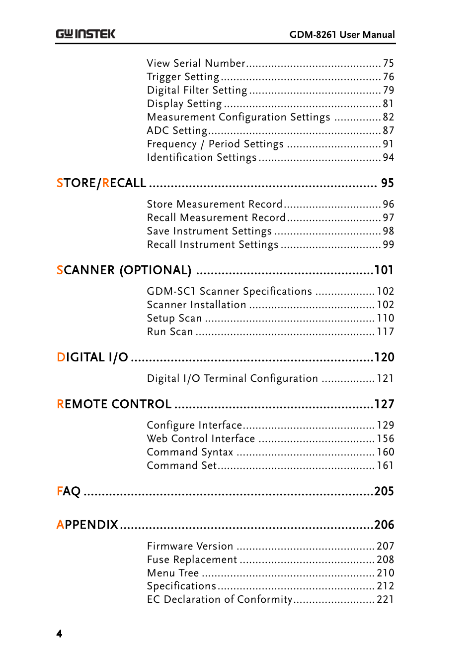 Store/recall 95, Scanner (optional) 101, Digital i/o 120 | Remote control 127, Faq 205, Appendix 206, Store/ r ecall, Scanner (optional), Digital i/o, Remote control | GW Instek GDM-8261 User Manual User Manual | Page 4 / 224