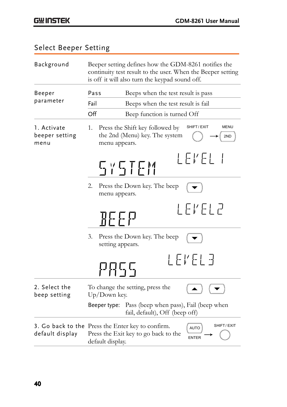 Select beeper setting | GW Instek GDM-8261 User Manual User Manual | Page 40 / 224