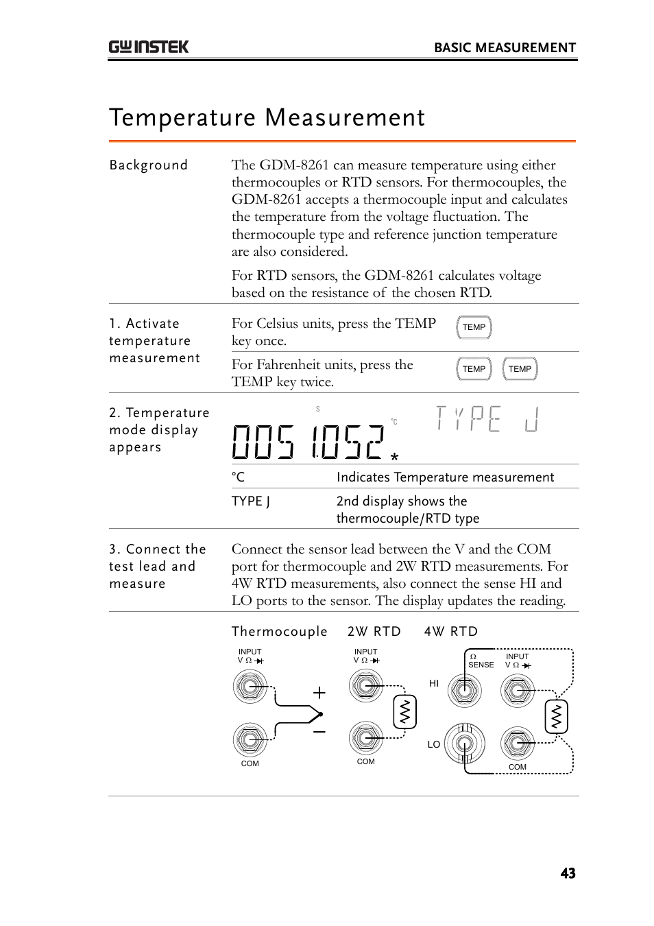 Temperature measurement, For celsius units, press the temp key once, For fahrenheit units, press the temp key twice | GW Instek GDM-8261 User Manual User Manual | Page 43 / 224